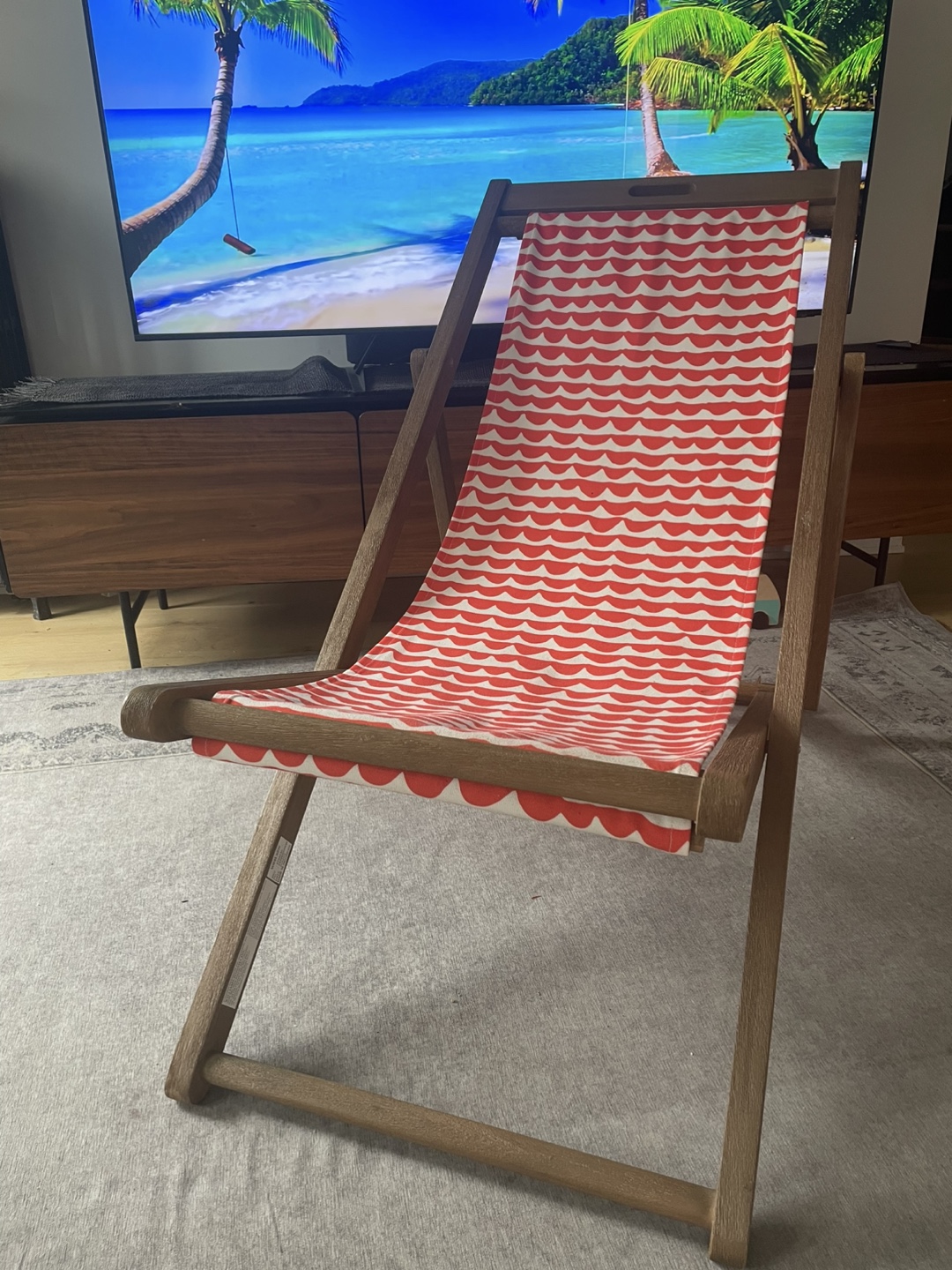 Red and White Striped Wooden Folding Sling Chair - photo 2