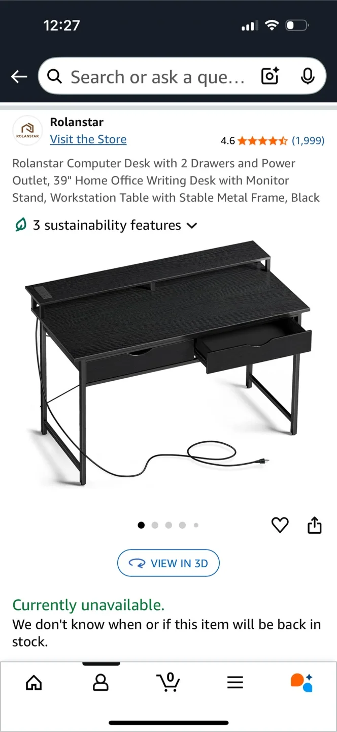 Rolanstar 39" Computer Desk with 2 Drawers and Power Outlet thumbnail