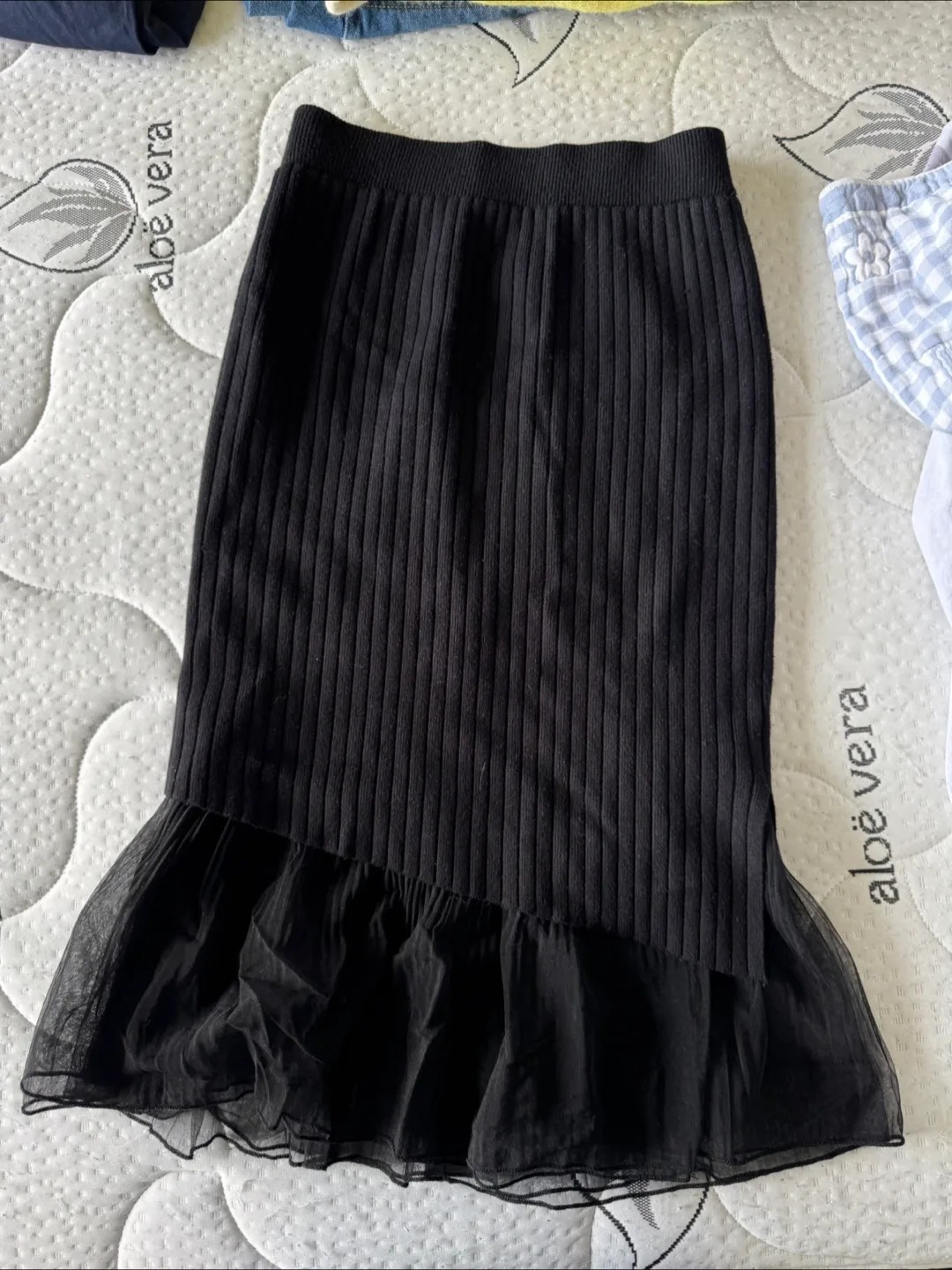 Black Ribbed Knit Skirt with Sheer Overlay thumbnail