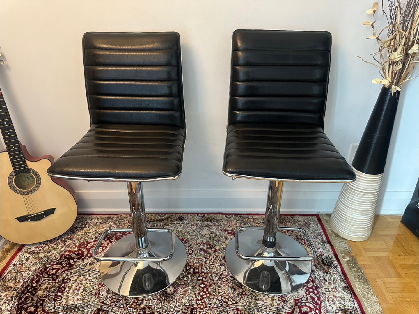 Pair of Black Leather Bar Stools with Chrome Base - photo 2