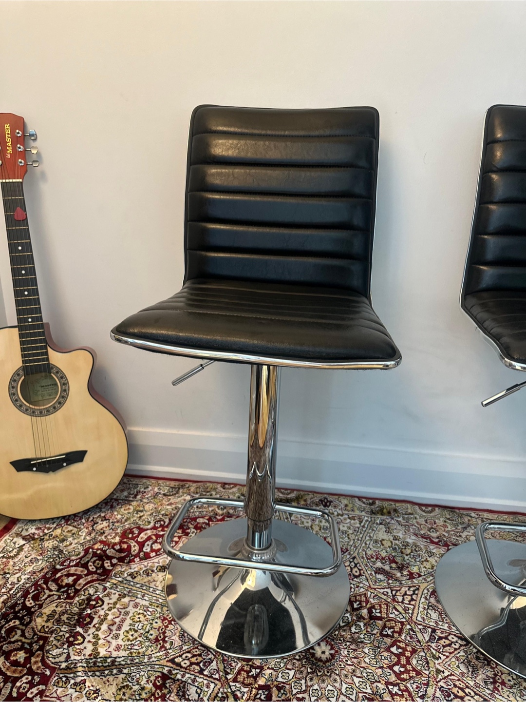 Pair of Black Leather Bar Stools with Chrome Base - photo 4