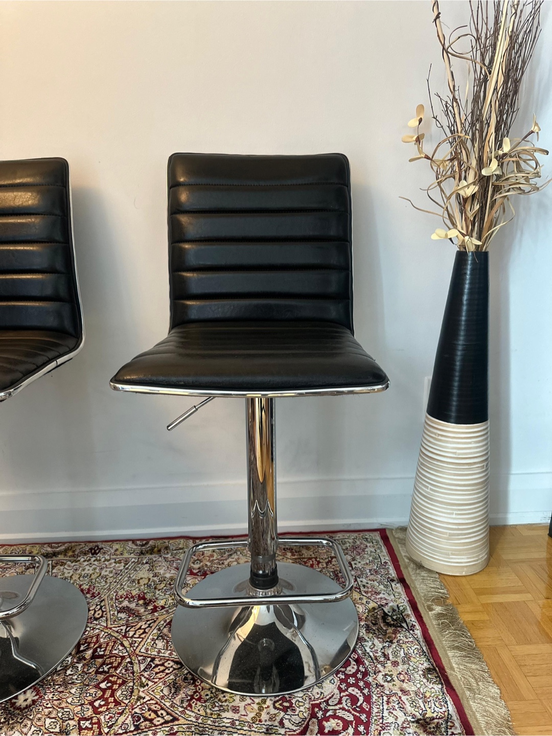 Pair of Black Leather Bar Stools with Chrome Base - photo 3