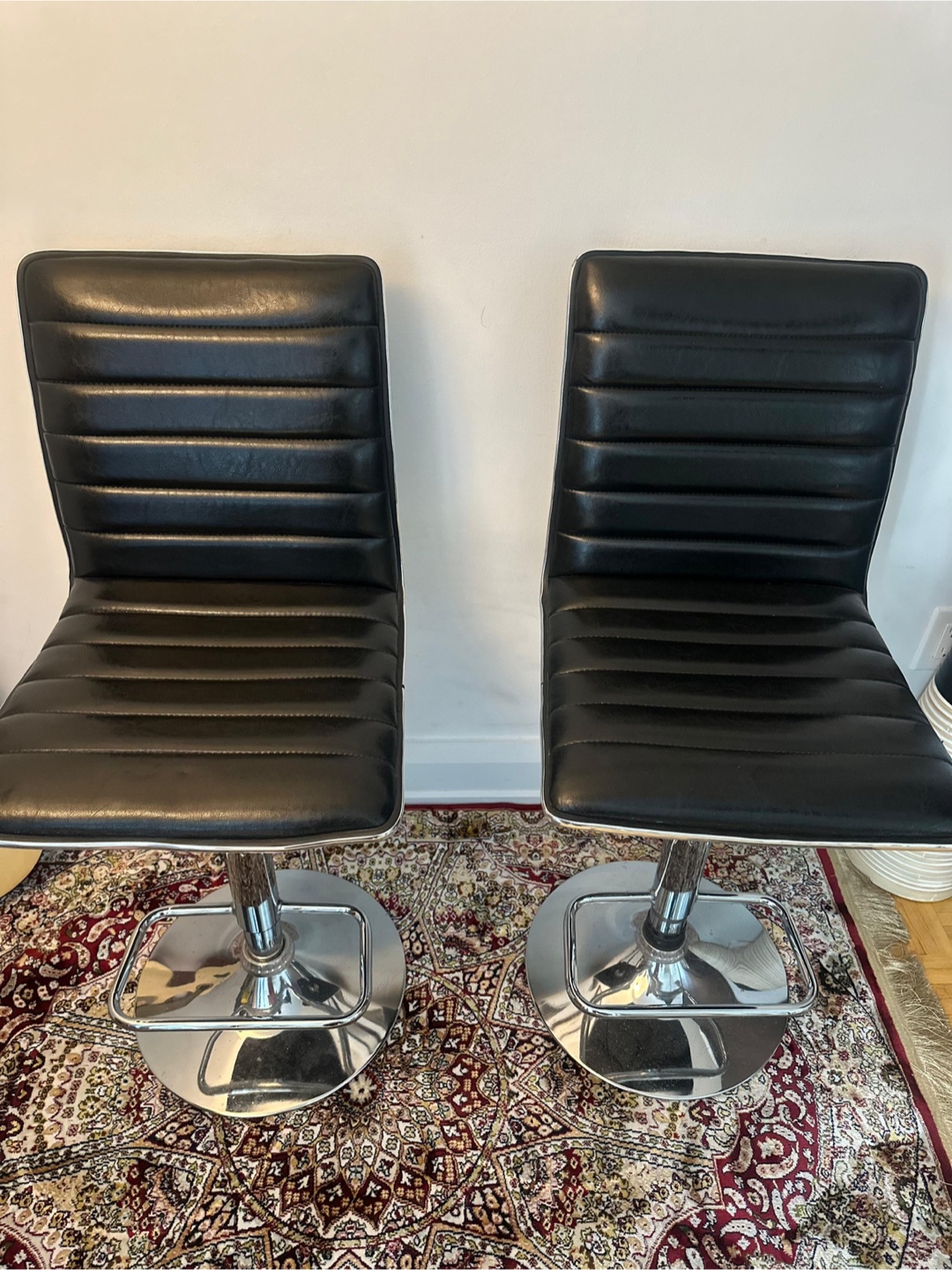 Pair of Black Leather Bar Stools with Chrome Base