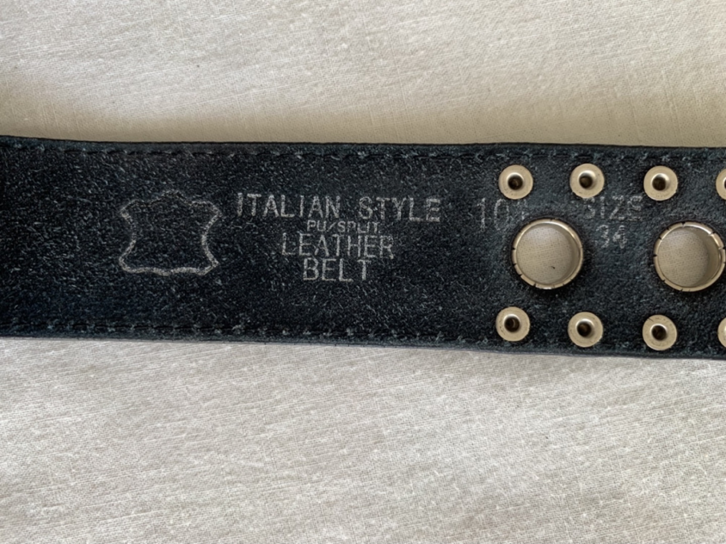 Black Leather Belt with Metal Grommets - Size 34