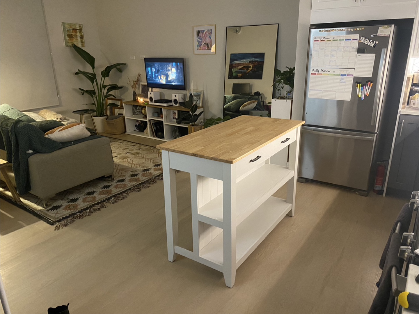 White Kitchen Island with Butcher Block Top