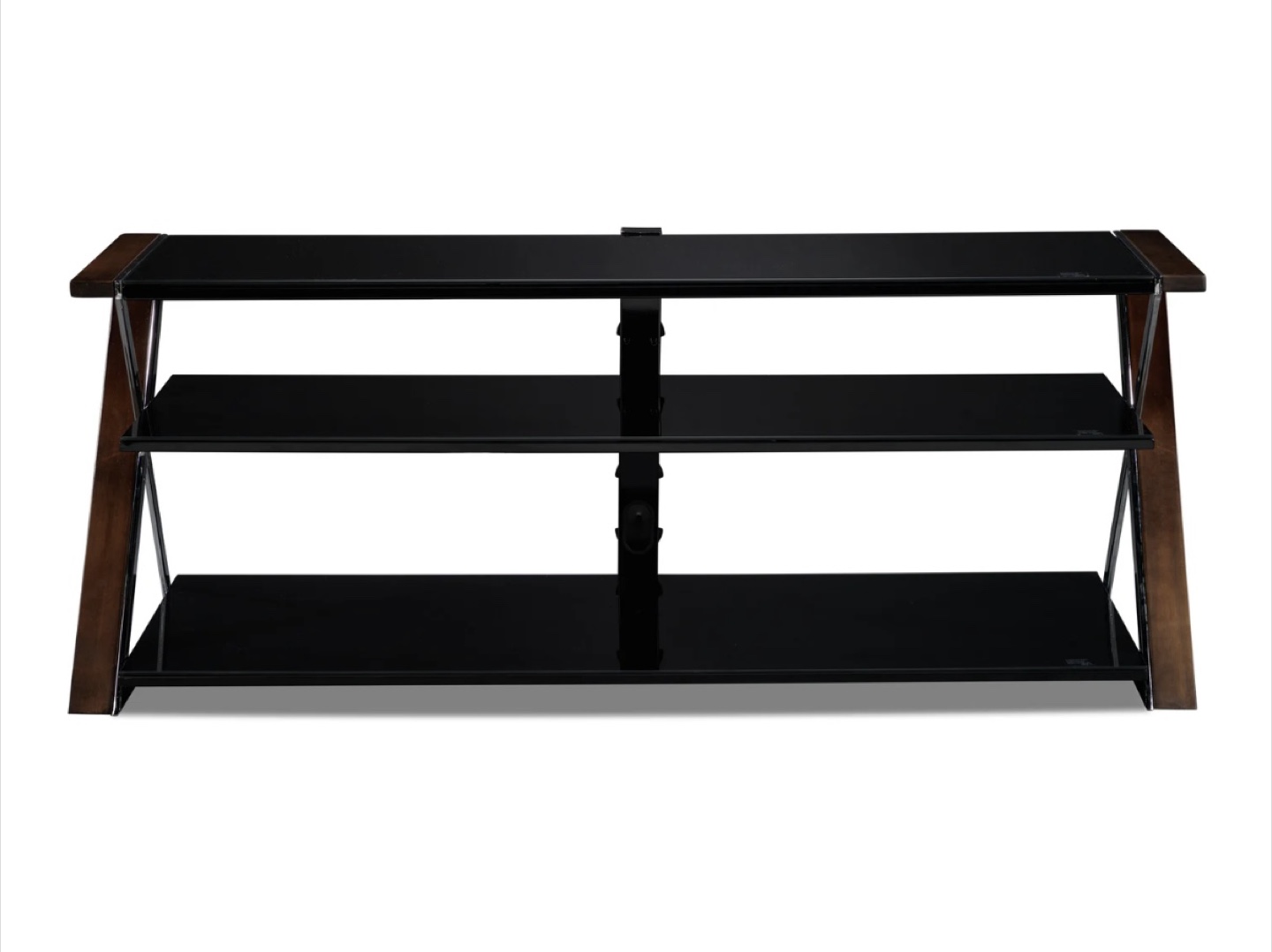 Three-shelf TV Stand with Black Glass and Wood Accents
