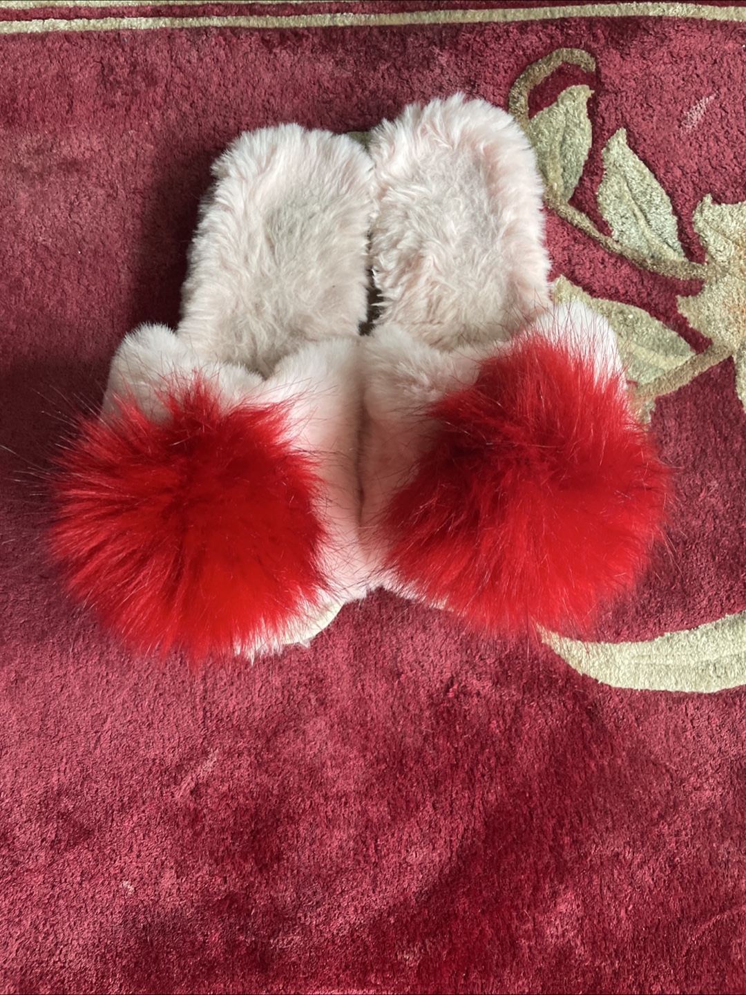 Fuzzy Red and Pink Pom-Pom Slippers