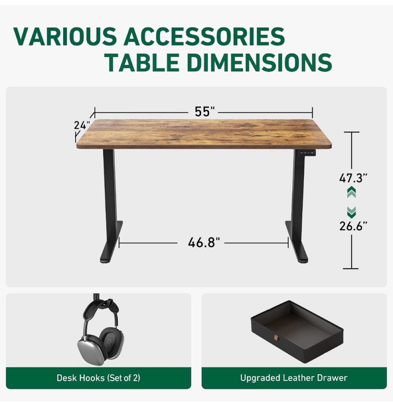 55" Electric Standing Desk with Desk Hooks - photo 3