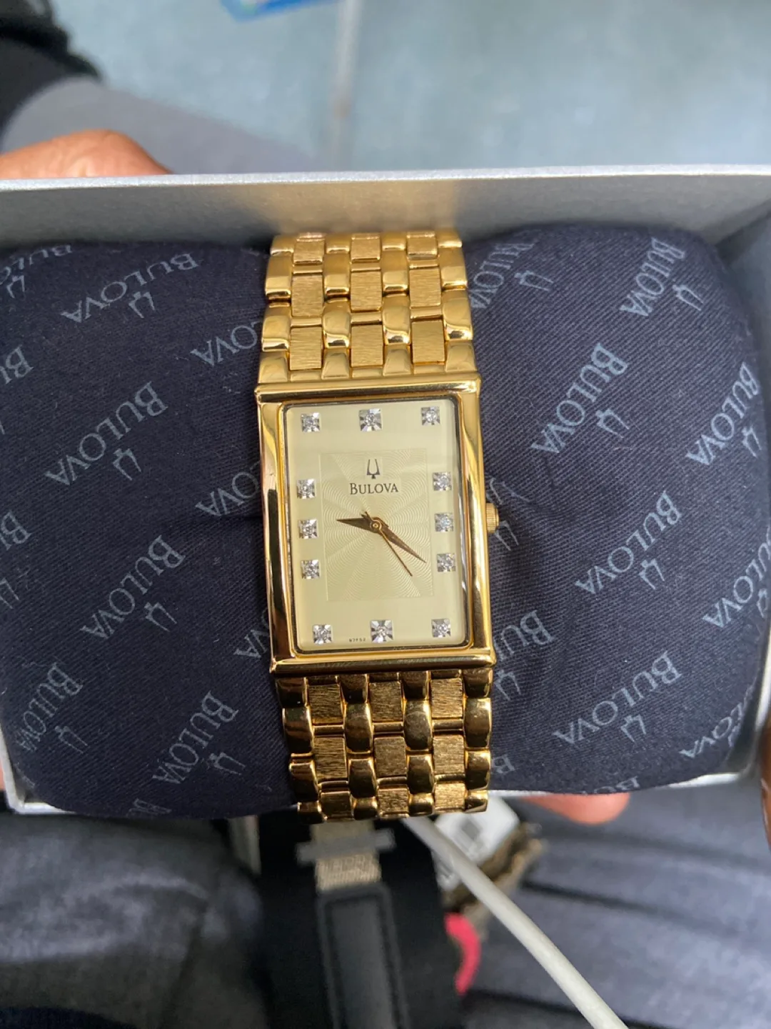 Bulova Gold Tone Rectangular Watch with Diamonds thumbnail