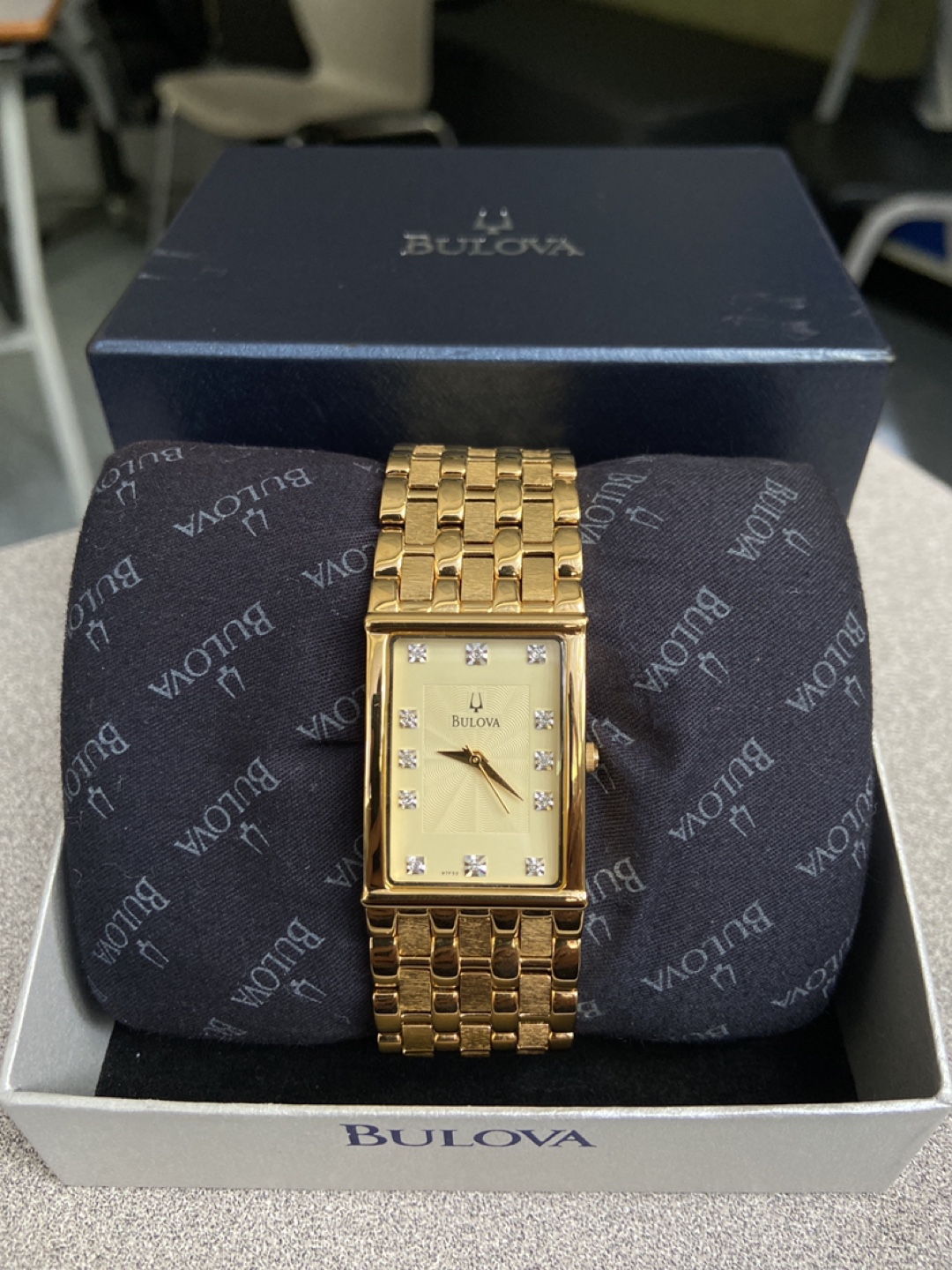 Bulova Gold Tone Rectangular Watch with Diamonds - photo 2