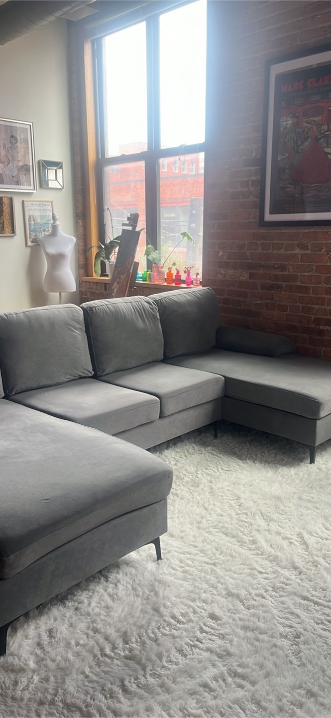 Gray Velvet L-Shaped Sectional Sofa