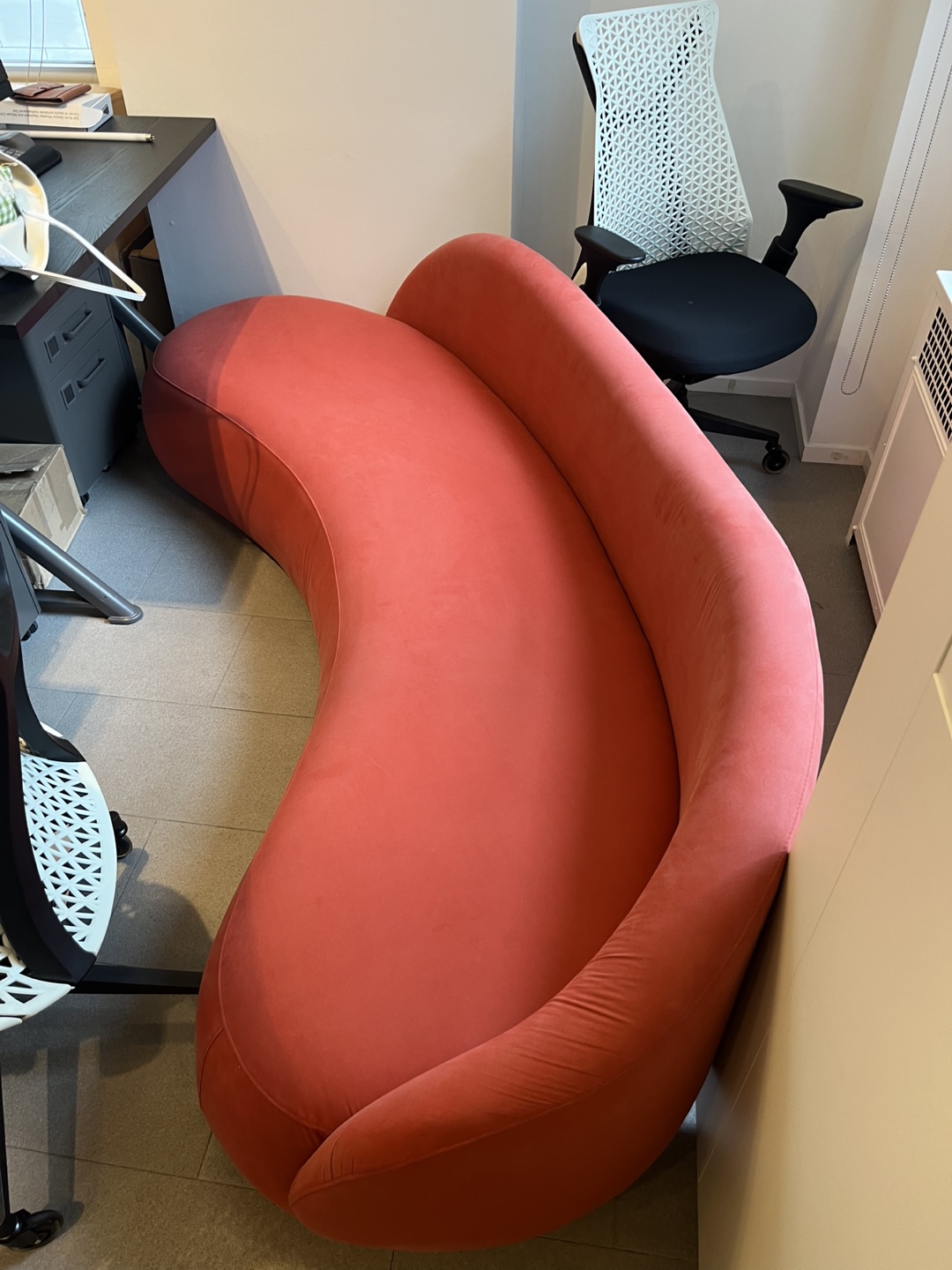 Curved Coral Velvet Chaise Lounge