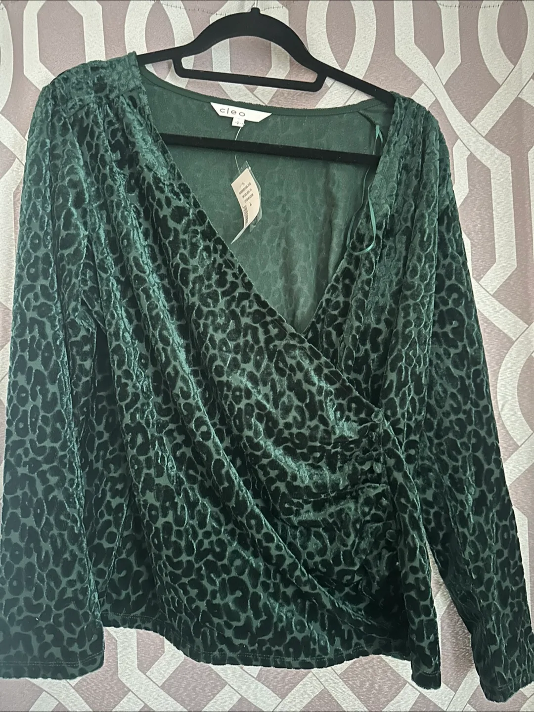 *New* Cleo Dark Green Leopard Print Velvet Blouse thumbnail