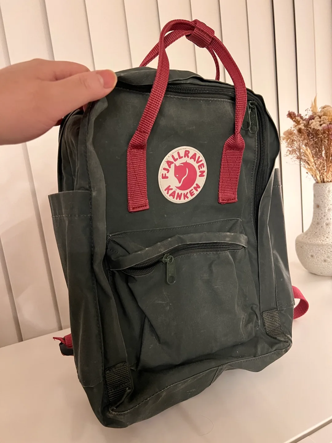 Fjallraven Kanken Backpack - Dark Green with Burgundy straps thumbnail