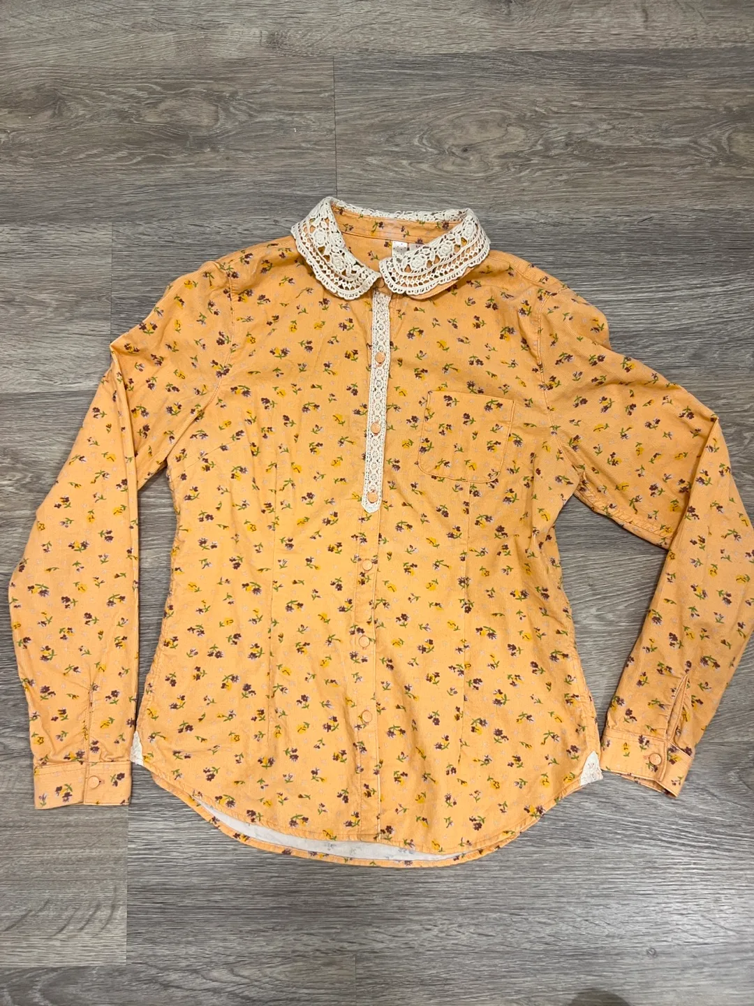 Orange Floral Corduroy Button-Up Shirt with Lace Collar thumbnail