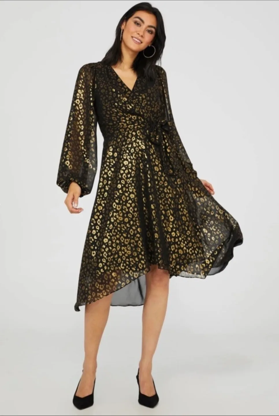 Suzy Shier Gold Foil Leopard Print High Low Midi Dress size L thumbnail