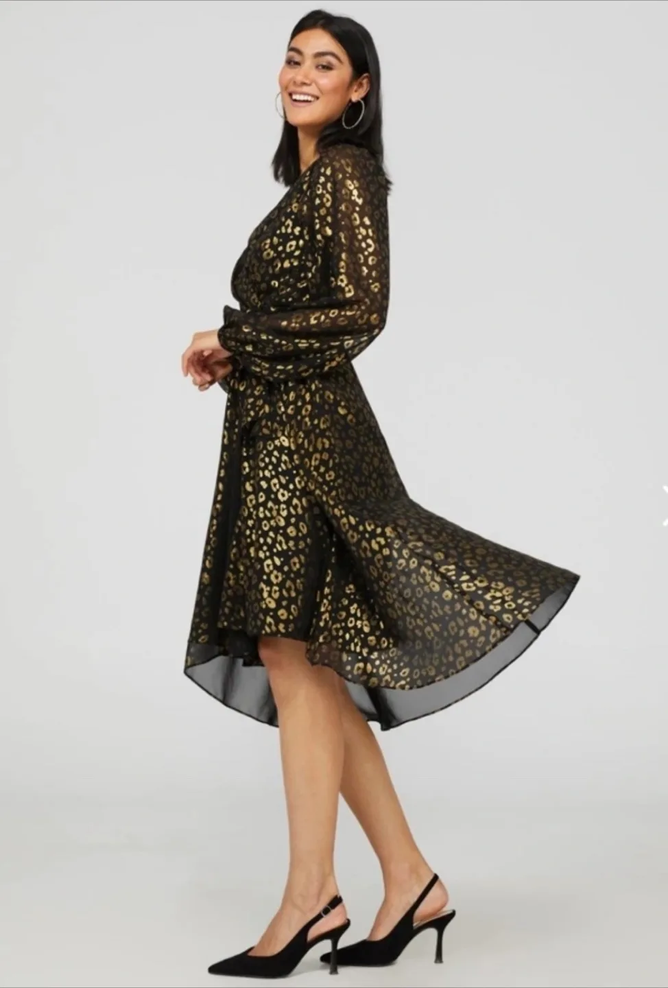 Suzy Shier Gold Foil Leopard Print High Low Midi Dress size L image indicator(2)