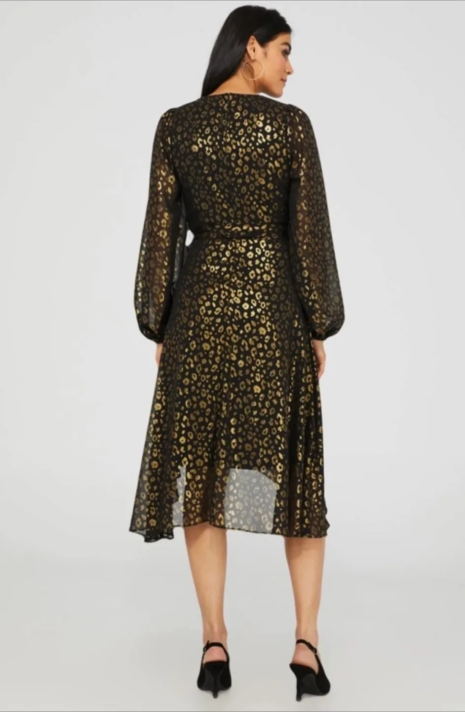 Suzy Shier Gold Foil Leopard Print High Low Midi Dress size L image indicator(3)