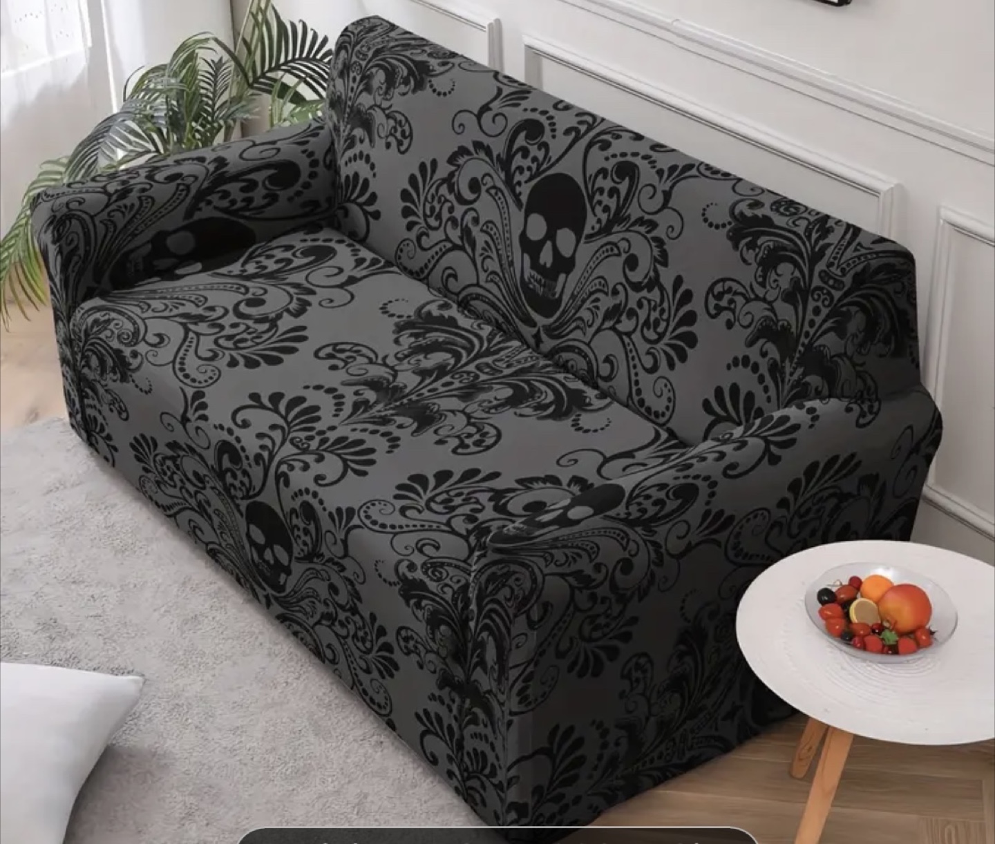 Sofa Cover - Grey Damask Skull Print - photo 3