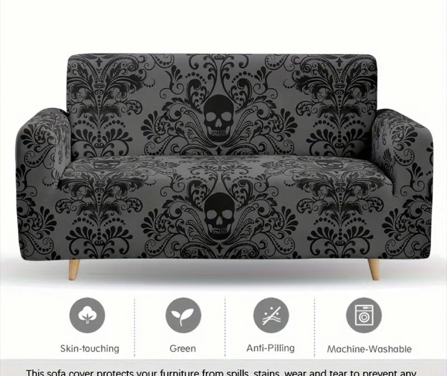 Sofa Cover - Grey Damask Skull Print