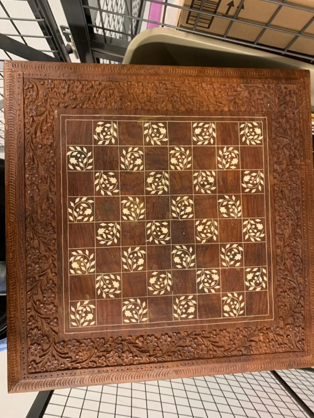 Beautiful carved wooden chessboard & pieces thumbnail