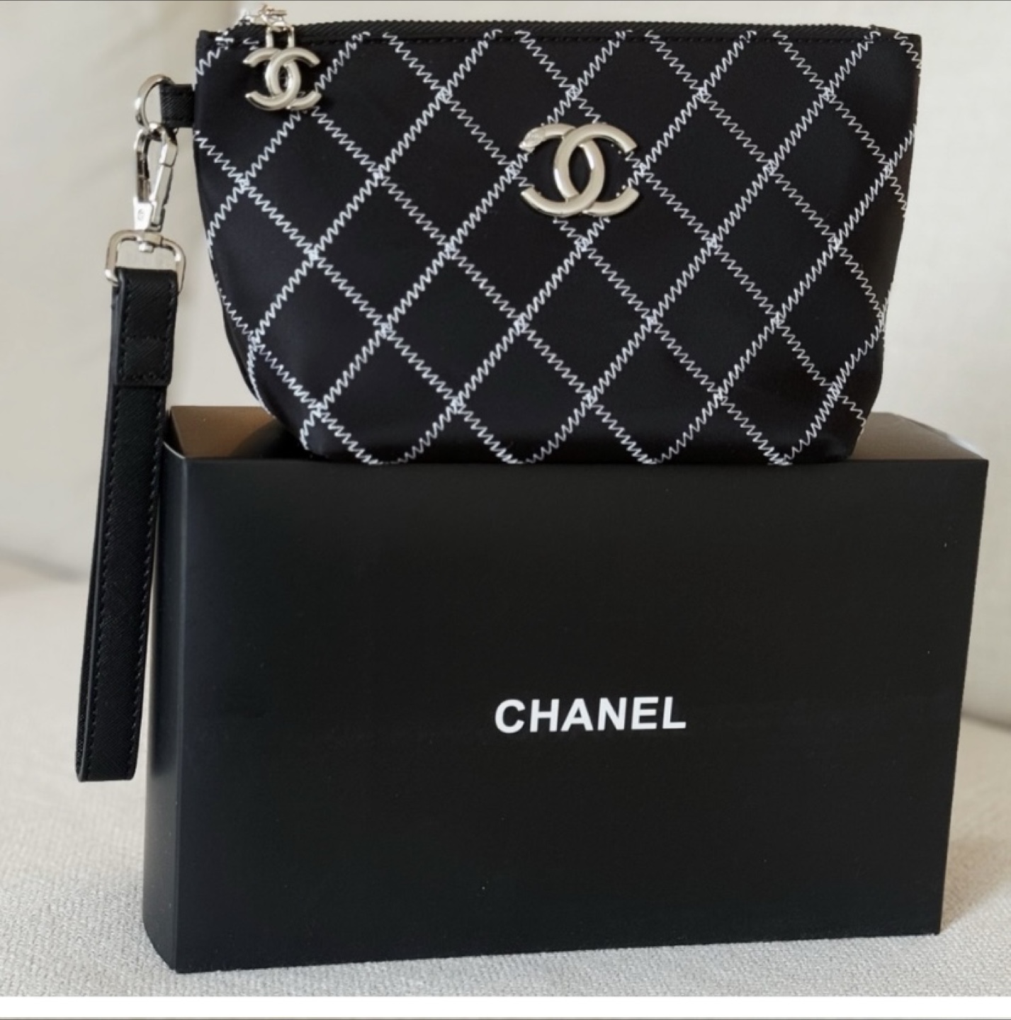 Chanel Black Quilted Cosmetic Pouch with Strap