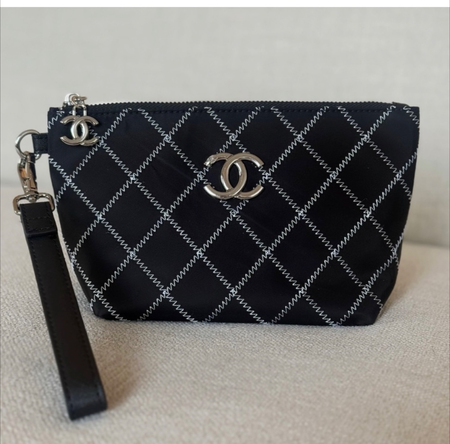 Chanel Black Quilted Cosmetic Pouch with Strap - photo 3