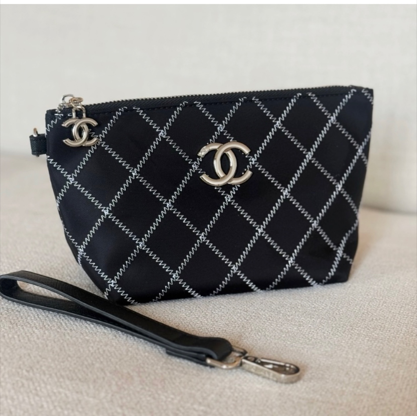 Chanel Black Quilted Cosmetic Pouch with Strap - photo 2