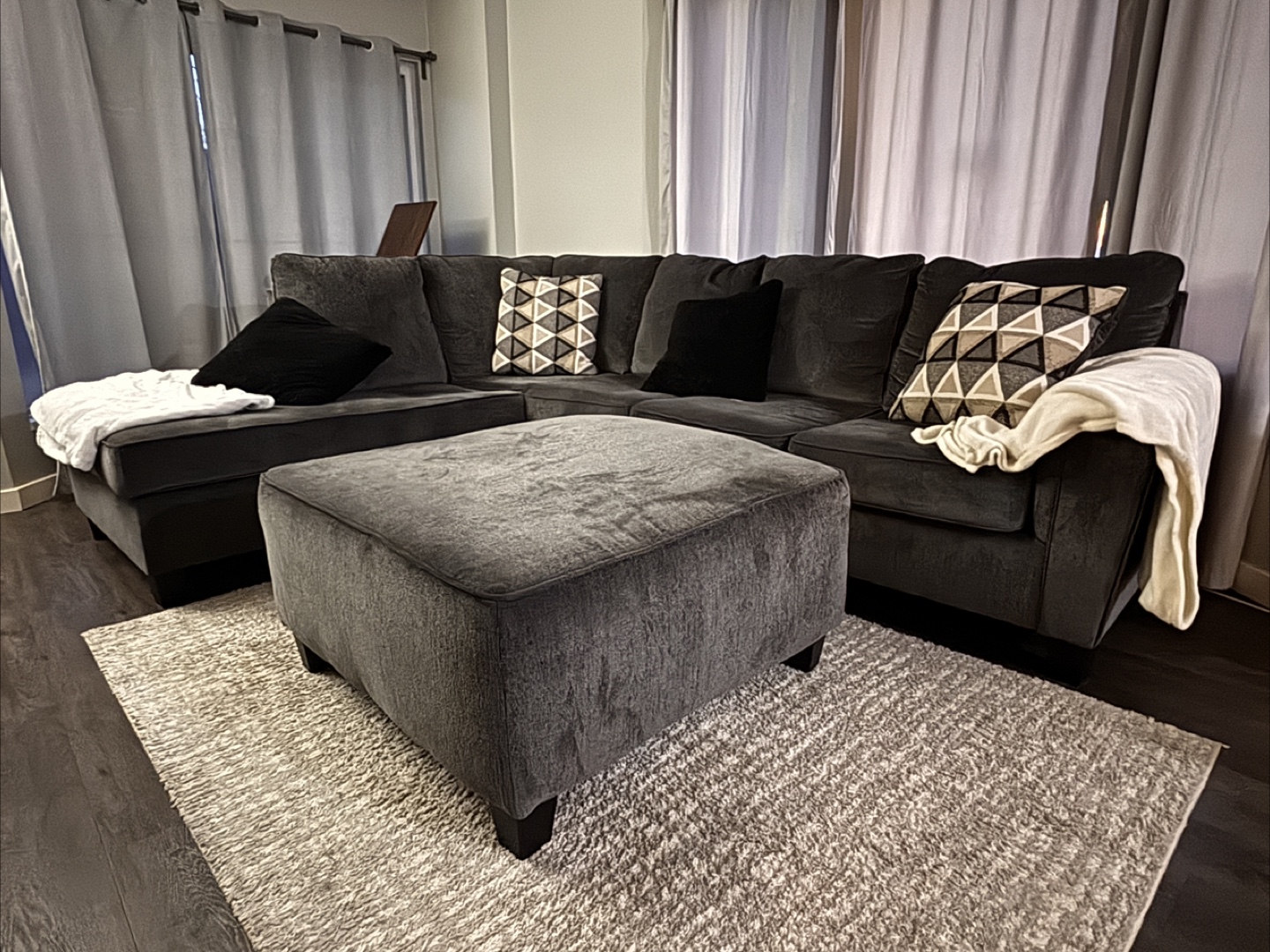 Dark Grey L-Shaped Sectional Sofa with Ottoman