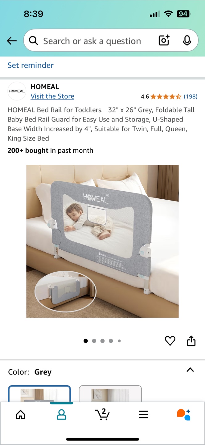 Homeal Bed Rail for Toddlers, Grey, Foldable