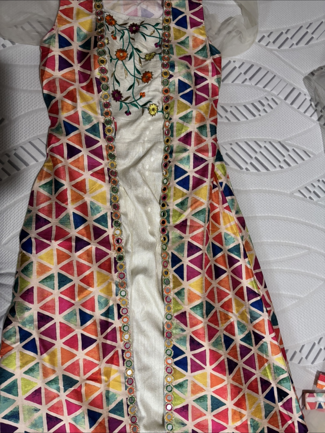 Girls' colourful geometric print longline waistcoat and dress - photo 2