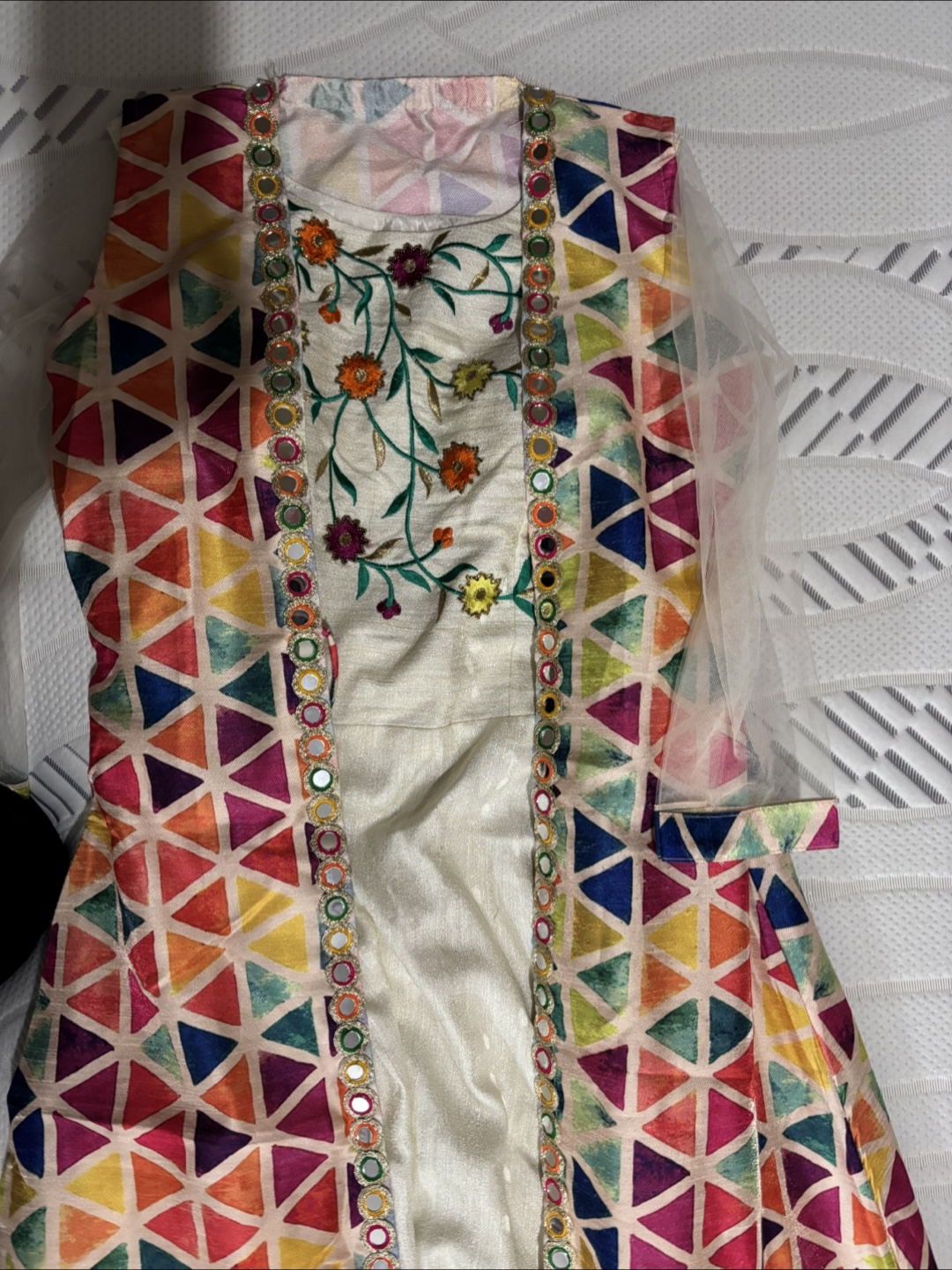 Girls' colourful geometric print longline waistcoat and dress - photo 3