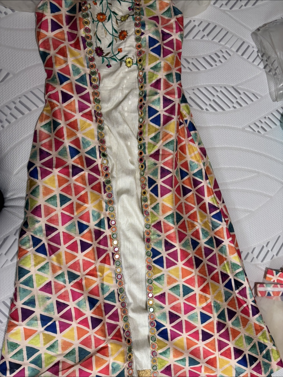 Girls' colourful geometric print longline waistcoat and dress