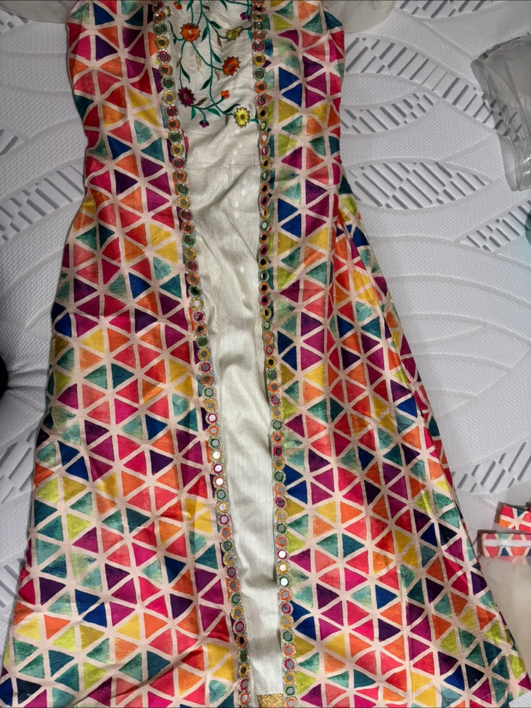 Girls' colourful geometric print longline waistcoat and dress thumbnail