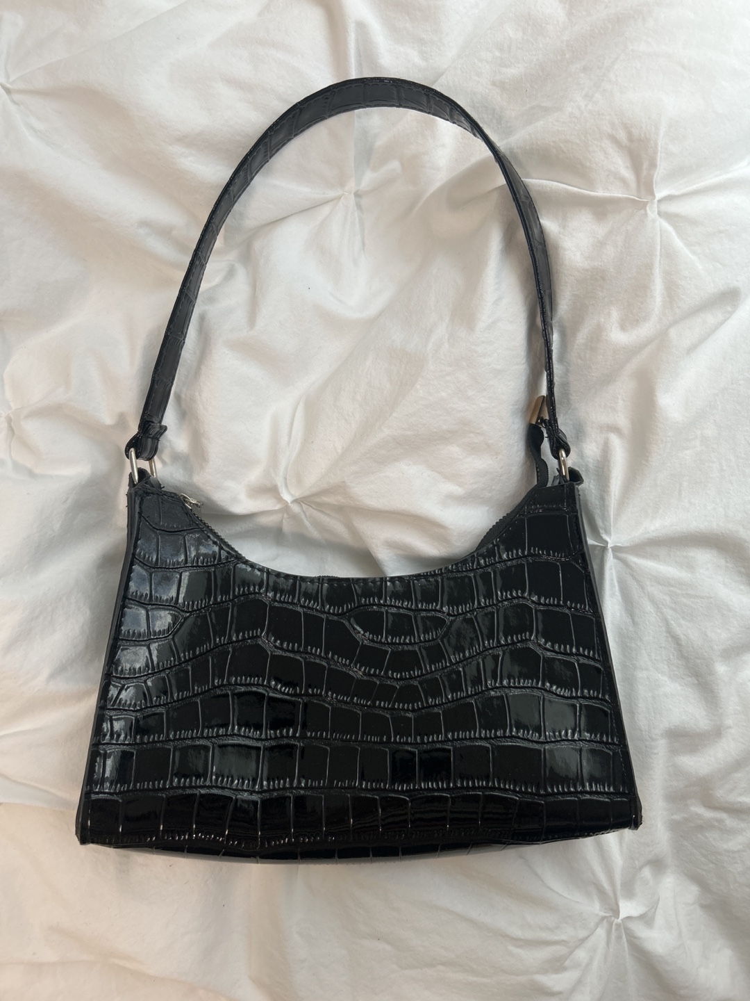 Black Crocodile-Embossed Baguette Bag