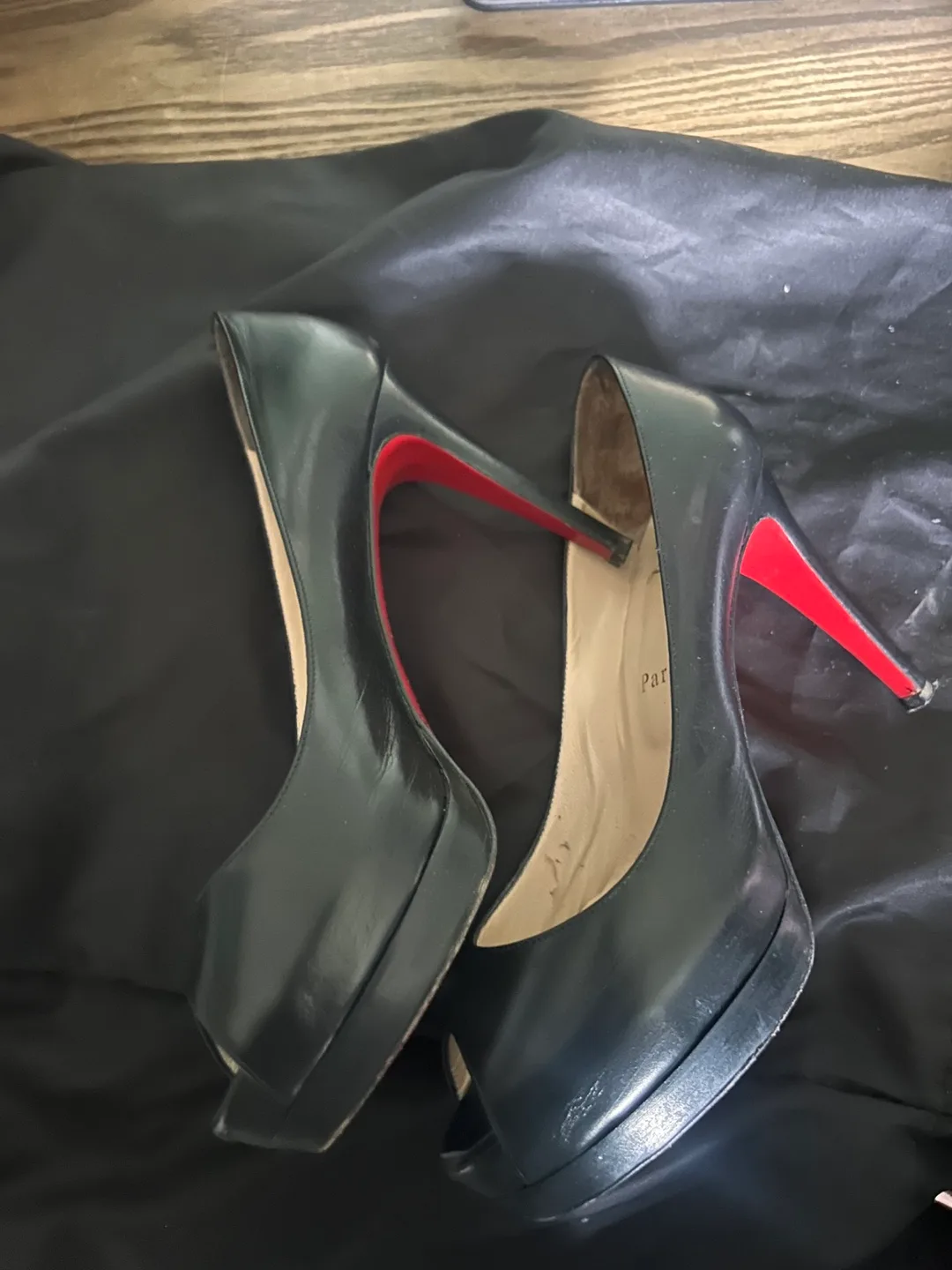 Christian Louboutin Black Leather Peep Toe Platform Pumps thumbnail