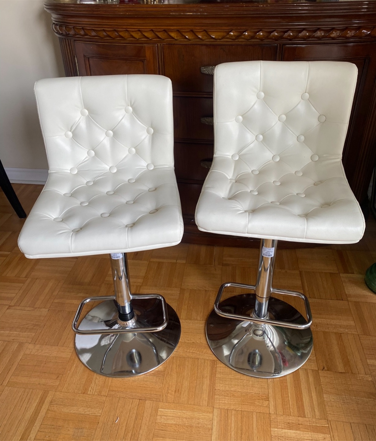 Pair of White Leather Bar Stools