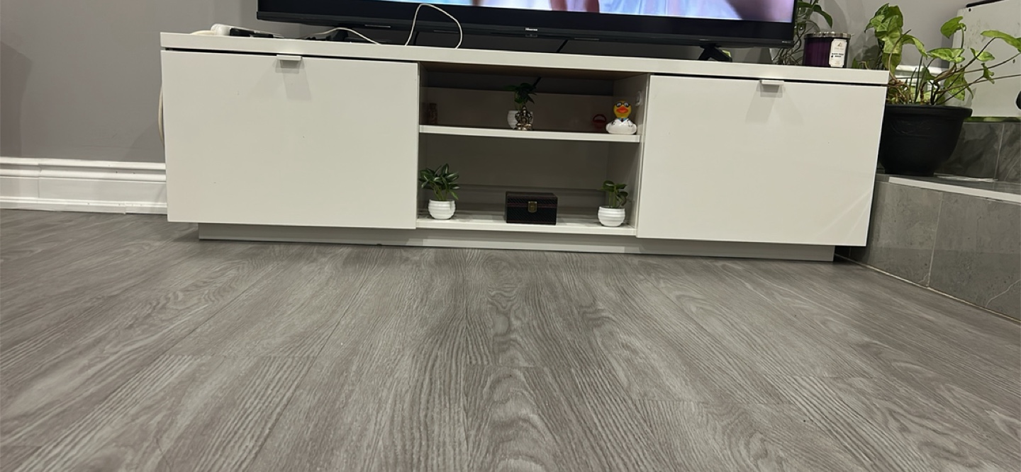 White TV Stand with Two Cabinets and Shelf