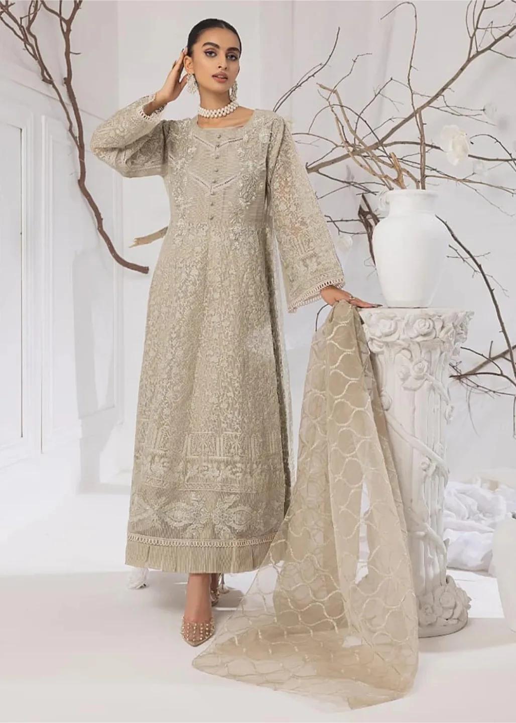 Elegant beige Pakistani maxi dress with dupatta thumbnail