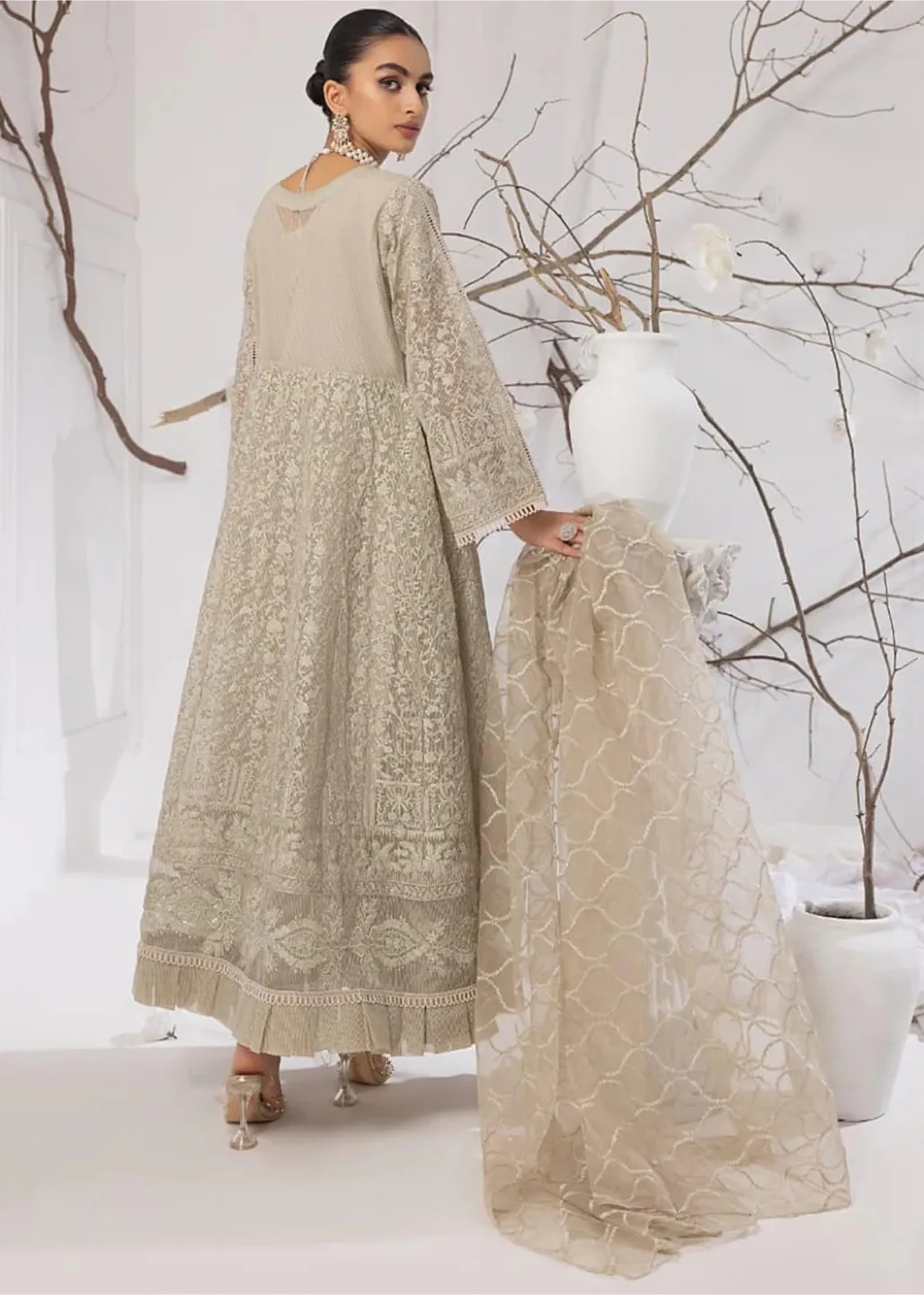 Elegant beige Pakistani maxi dress with dupatta image indicator(2)