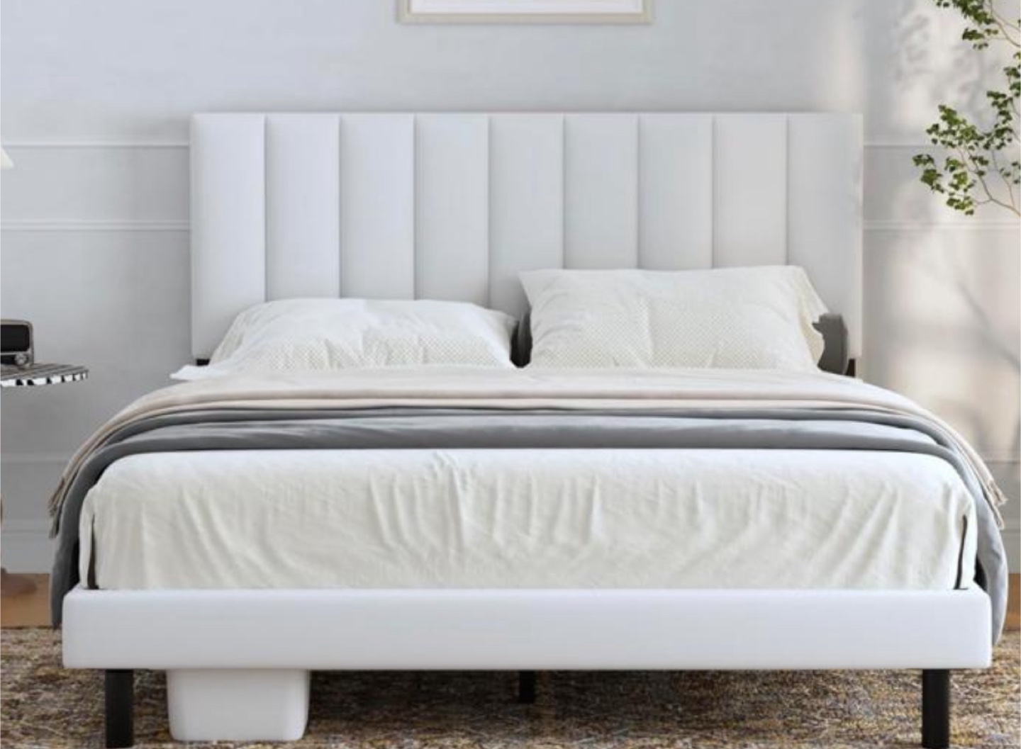 Queen Size Upholstered Platform Bed Frame - White - photo 4