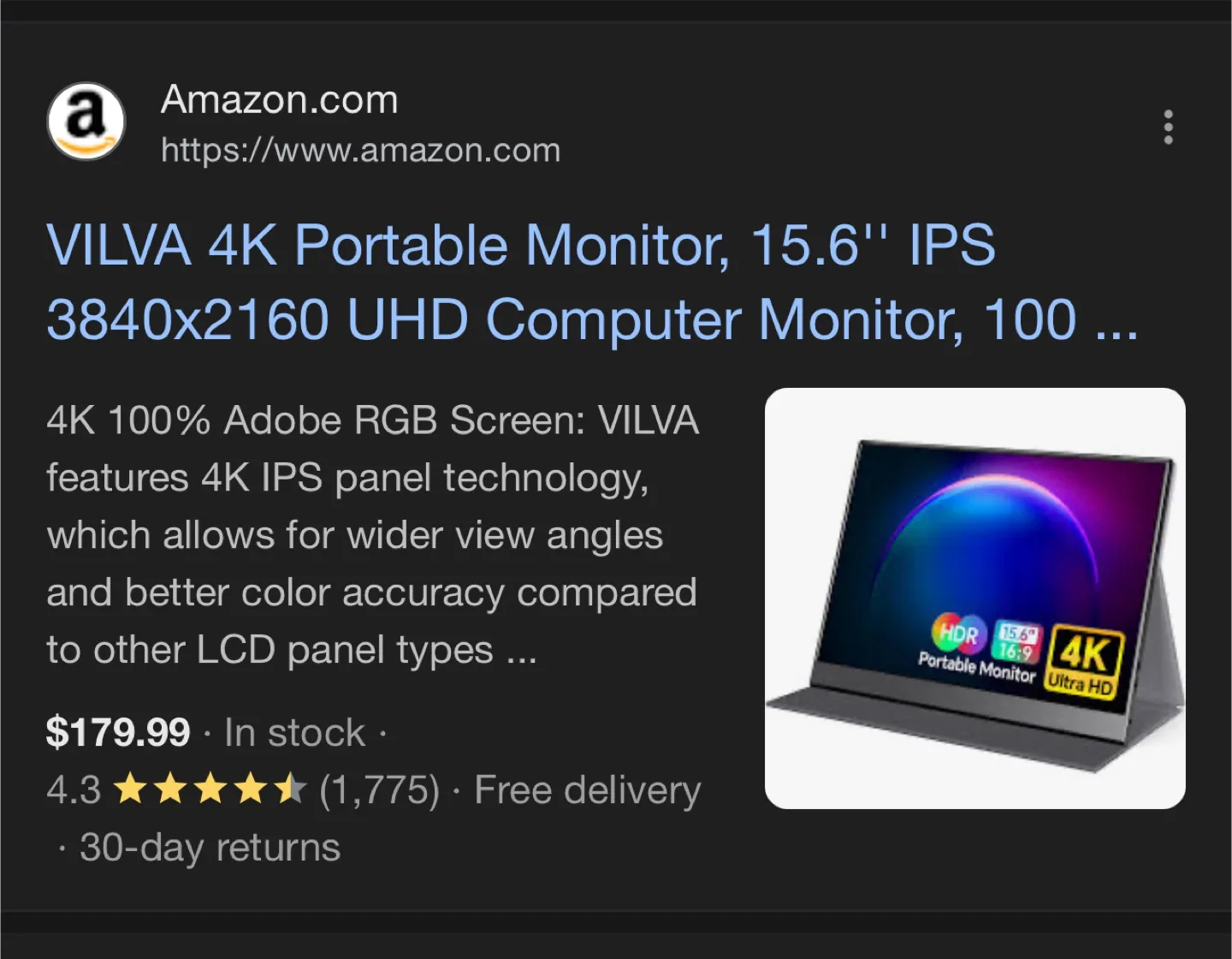 VILVA 15.6" 4K Portable Monitor - Ultra HD IPS Screen image indicator(3)