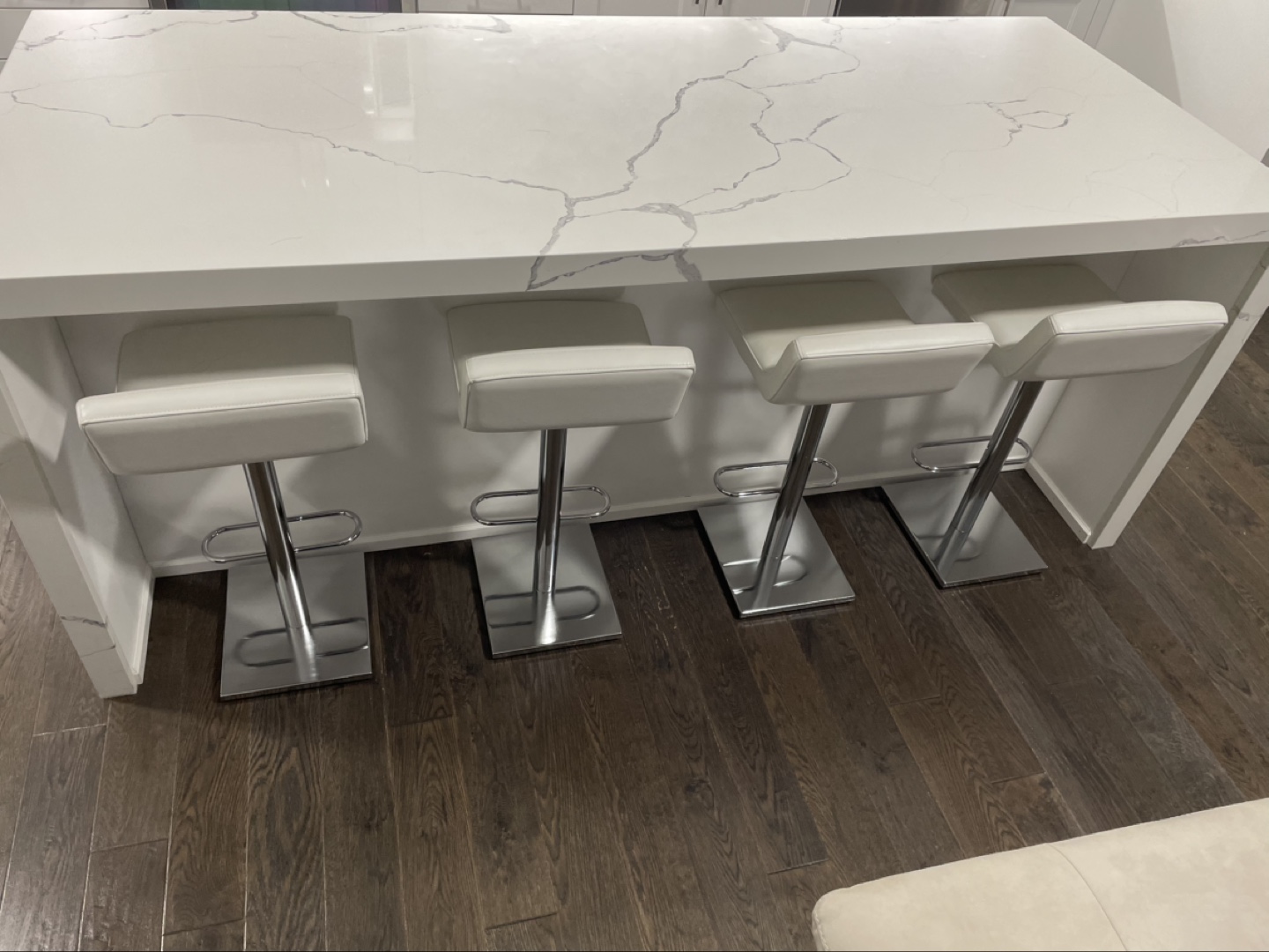 Set of Four White Leather Bar Stools