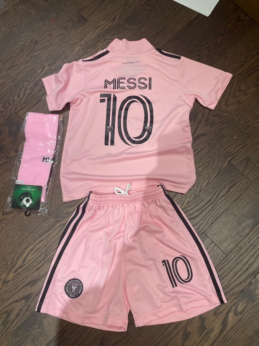 Kids Pink Soccer Jersey Set with Socks - Size 22 thumbnail