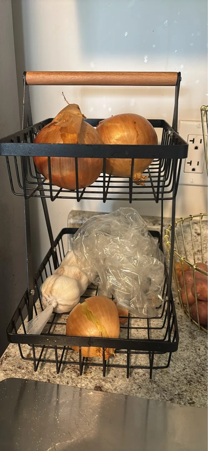 Two-Tiered Wire Basket Organizer with Wooden Handle thumbnail