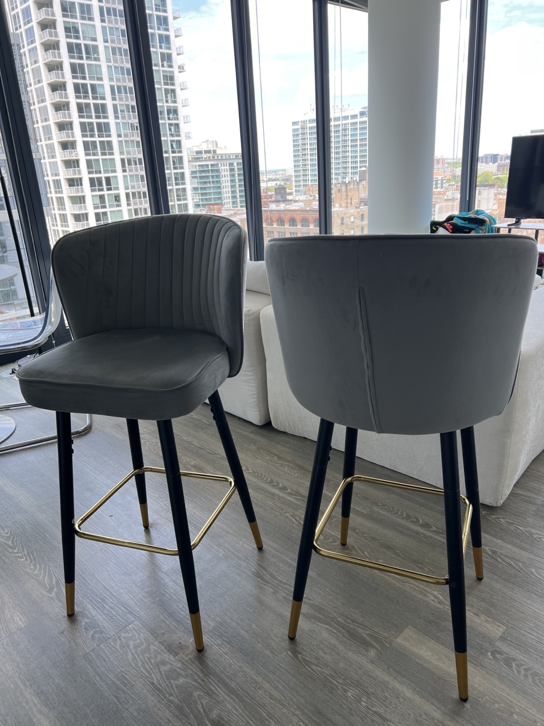 Pair of Grey Velvet Counter Stools with Gold Accents