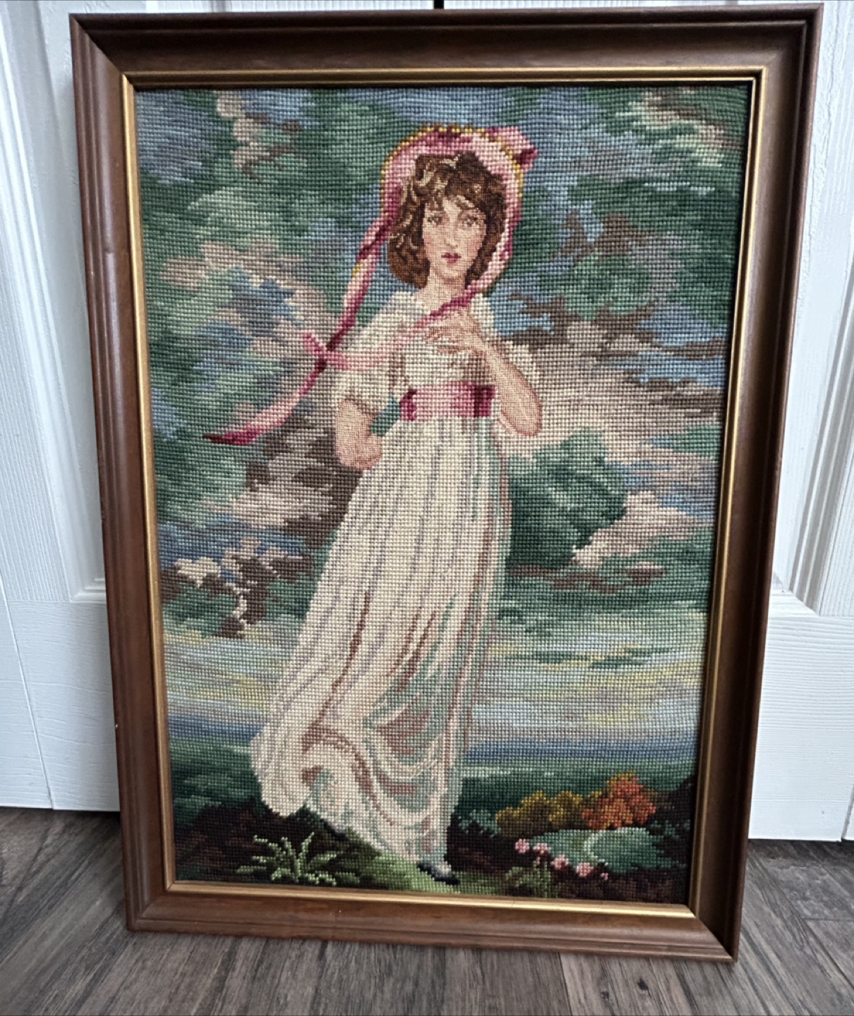 Vintage Needlepoint “PINKIE” Tapestry Framed Artwork