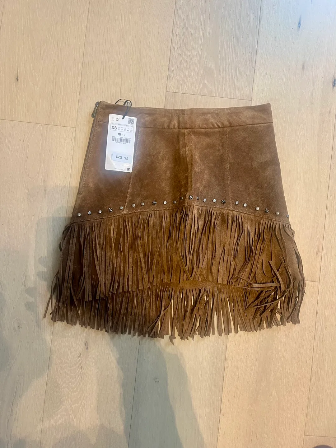 Zara Brown Suede Fringe Mini Skirt Size XS thumbnail