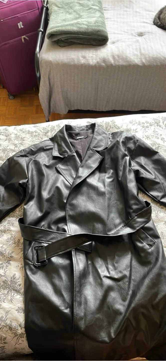 Black faux leather trench coat with belt thumbnail