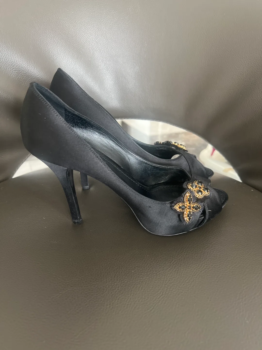 Louis Vuitton Black Satin Peep-Toe Heels thumbnail
